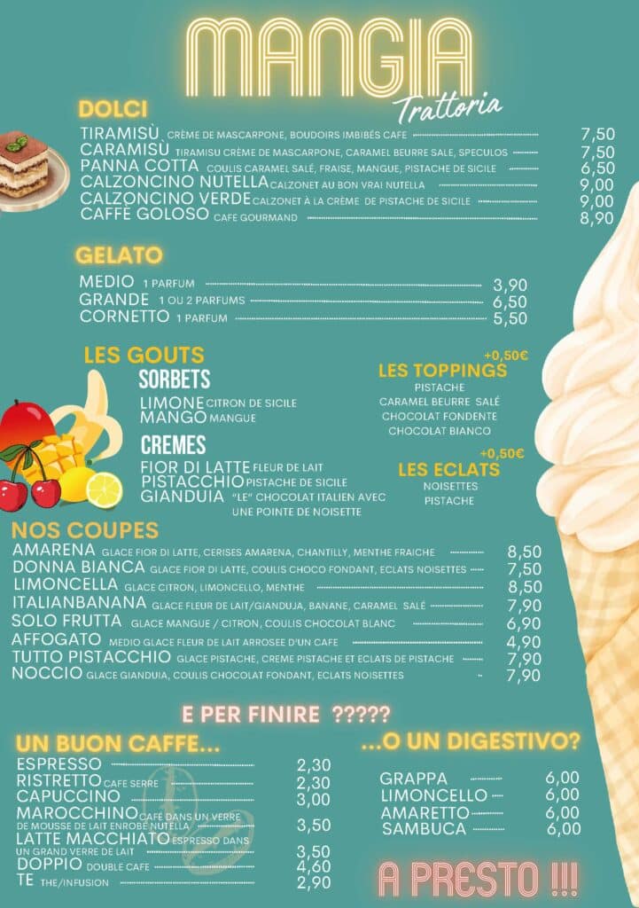 Carte des desserts restaurant italien Mangia Antony