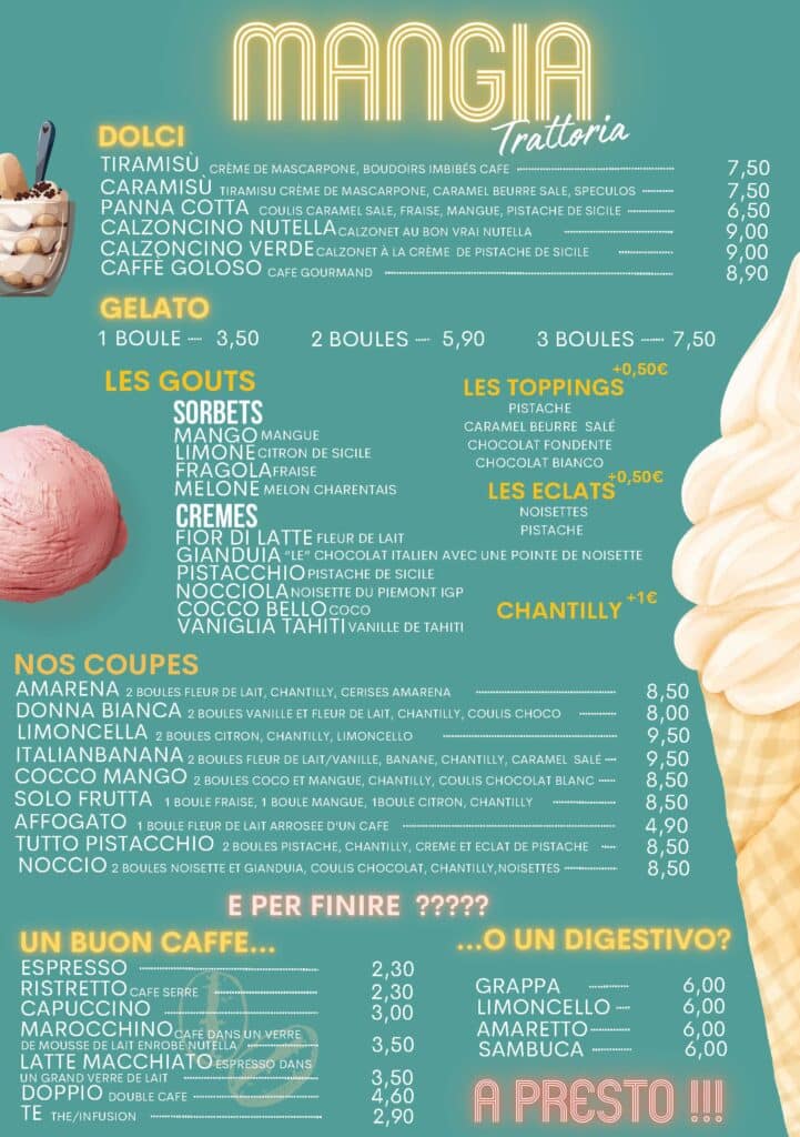 Carte des desserts restaurant italien Mangia Vélizy