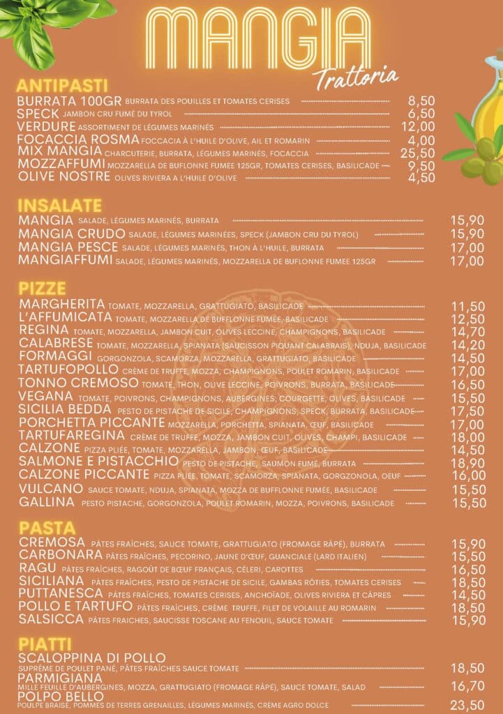 Carte des plats restaurant italien Mangia