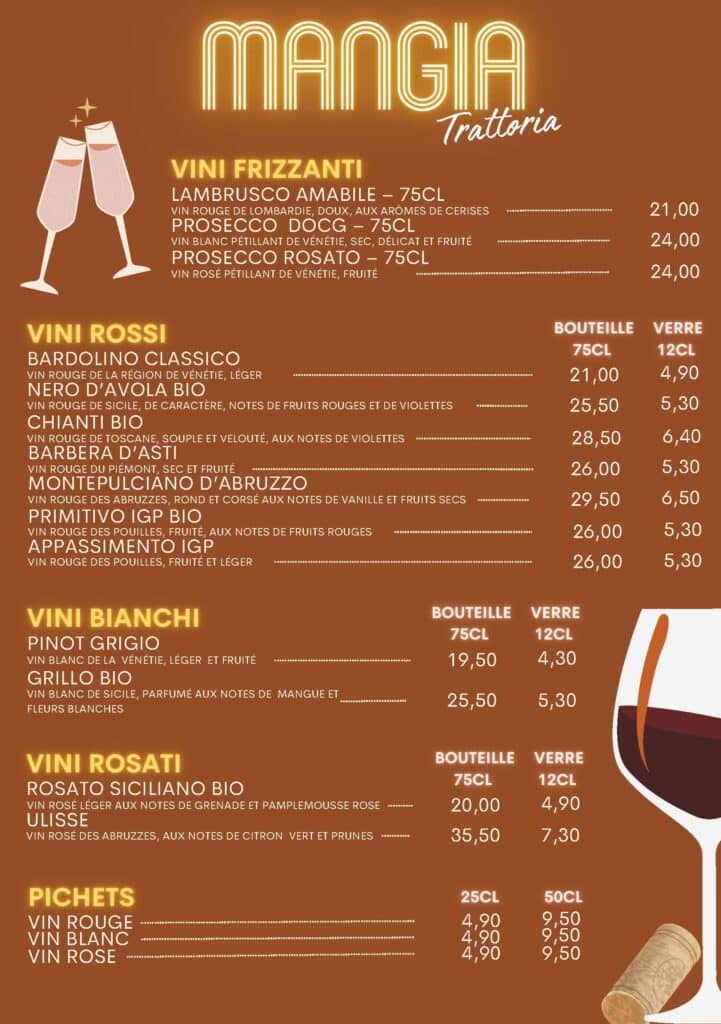 Carte des vins restaurant Mangia Restaurant italien